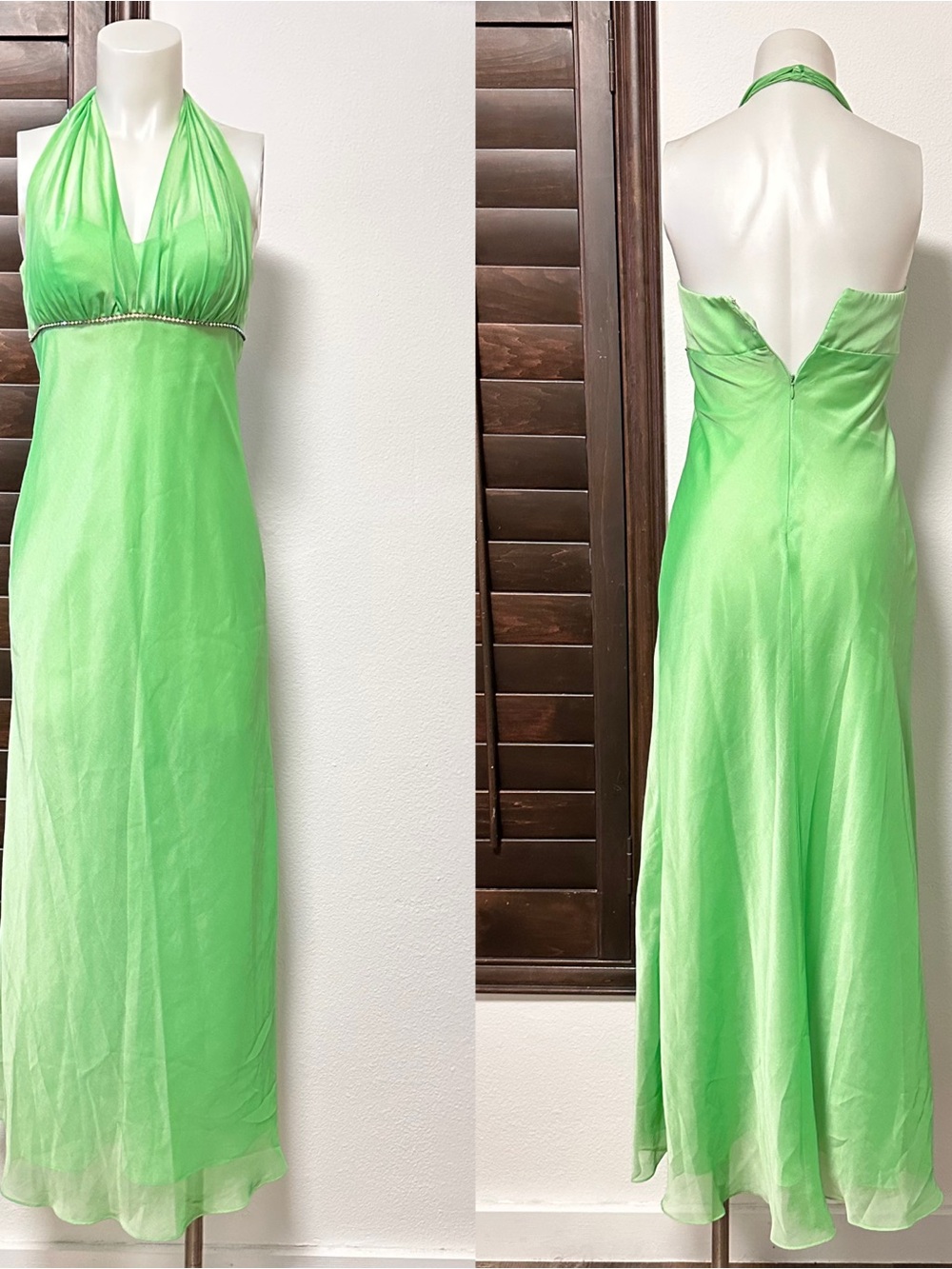 Blondie Nites Lime Green Halter Backless Evening Gown
